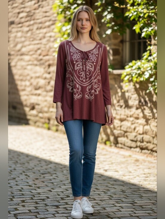 Cozy Casual Tops - Cozy Casual Rust Long-Sleeve Embroidered Tie-Neck Top